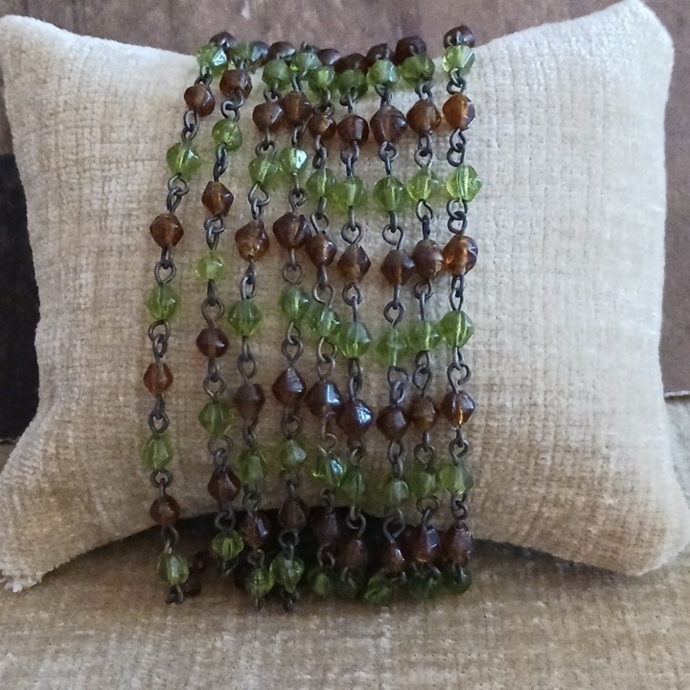 Nine Strand Beaded Green Burnt Orange Bracelet